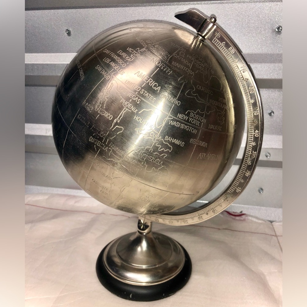 Silver Metallic Globe Stand Home Goods Accents Decor Office Engraved Travel Map